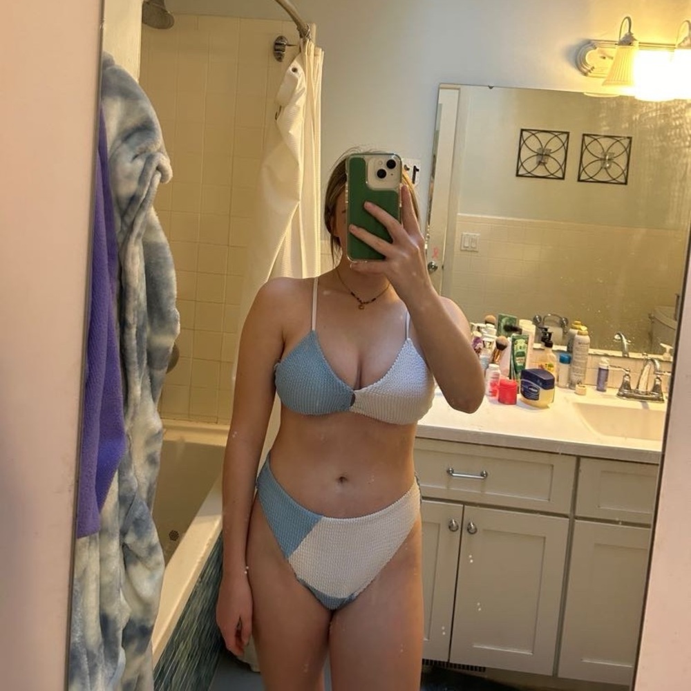 Blue and white bikini